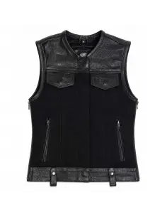 Gilet Motard Femme Denim Noir et Cuir Croc | Iguana Custom