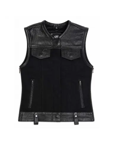 Gilet Motard Femme Denim Noir et Cuir Croc | Iguana Custom