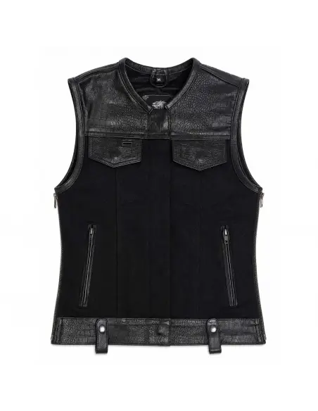Gilet Motard Femme Denim Noir et Cuir Croc | Iguana Custom