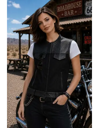 Gilet Motard Femme Denim Noir et Cuir Croc | Iguana Custom