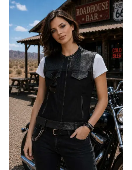 Gilet Motard Femme Denim Noir et Cuir Croc | Iguana Custom