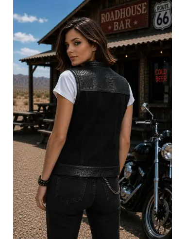 Gilet Motard Femme Denim Noir et Cuir Croc | Iguana Custom