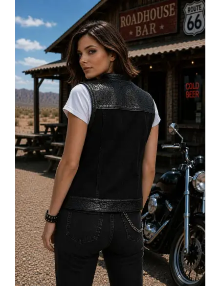 Gilet Motard Femme Denim Noir et Cuir Croc | Iguana Custom