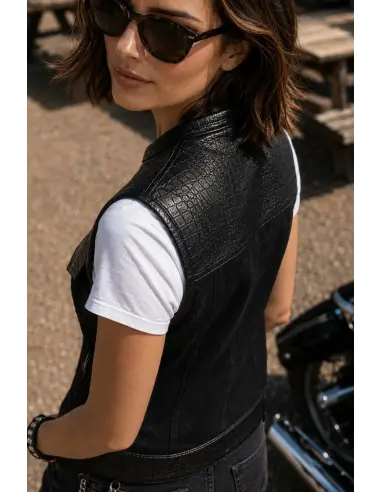 Gilet Motard Femme Denim Noir et Cuir Croc | Iguana Custom