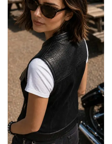 Gilet Motard Femme Denim Noir et Cuir Croc | Iguana Custom