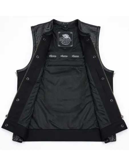 Gilet Motard Femme Denim Noir et Cuir Croc | Iguana Custom
