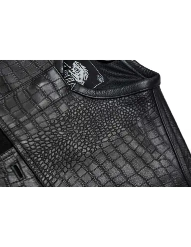 Gilet Motard Femme Denim Noir et Cuir Croc | Iguana Custom