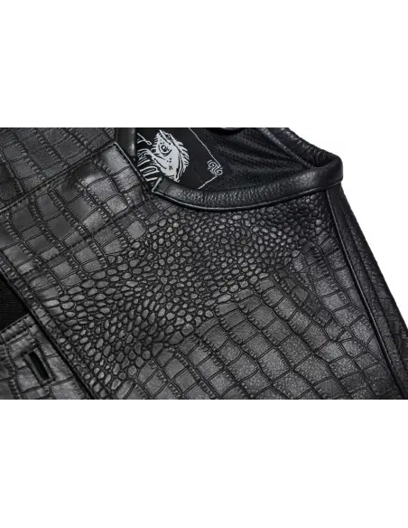 Gilet Motard Femme Denim Noir et Cuir Croc | Iguana Custom