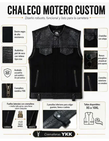 Gilet Motard Femme Denim Noir et Cuir Croc | Iguana Custom