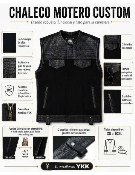 Gilet Motard Femme Denim Noir et Cuir Croc | Iguana Custom