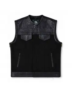 Gilet Biker Denim Noir et Cuir Croc | Iguana Custom