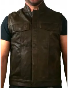 Acquista Gilet in Pelle Marrone Invecchiata con Collo alla Coreana a Prezzo Scontato