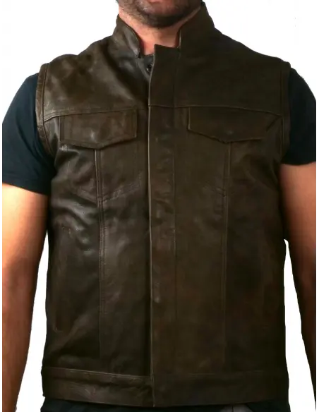 Comprar Chaleco Piel Marrón Envejecido Con Cuello Mao a precio de oferta