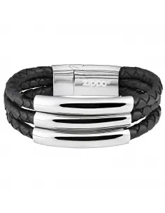 TRIPLE LEATHER BRACELET BLACK AND CHROME 20 CM ZIPPO