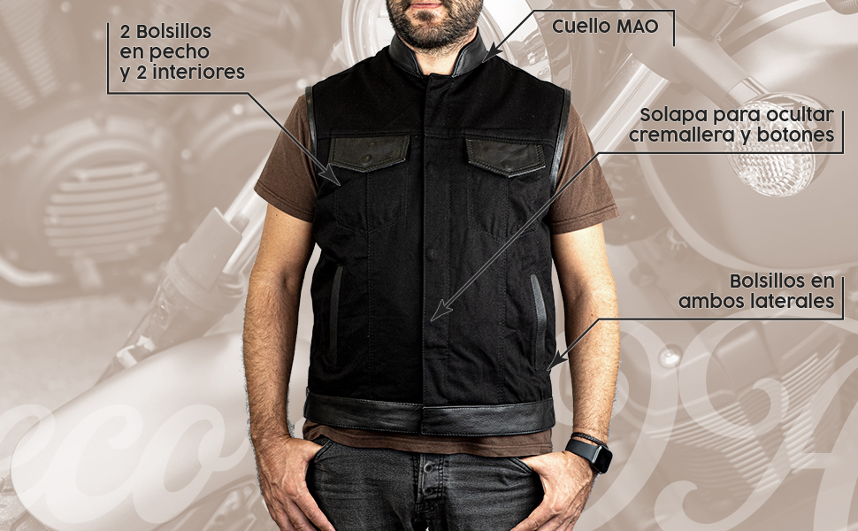 Características del chaleco motero SOA de denim y piel.