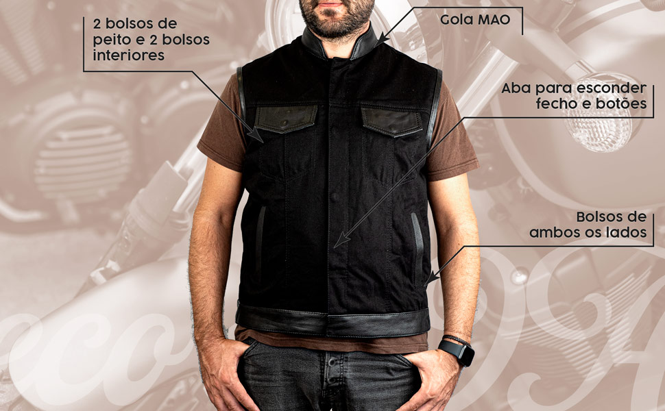 Características da brim SOA e do colete de couro para motociclistas.
