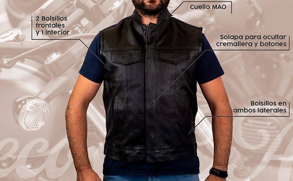 Dettagli del gilet SOA in pelle nera.