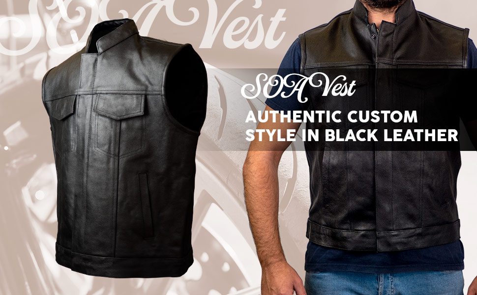 Sons of Anarchy style waistcoat in black leather.