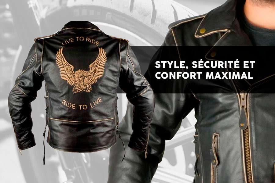 Veste de motard en cuir avec protections homologuées, modèle Aigle.
