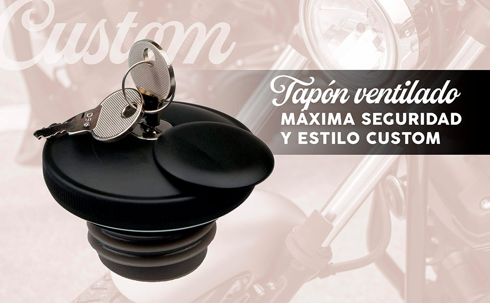 Tapón ventilado para depósito de moto custom con llave de seguridad.