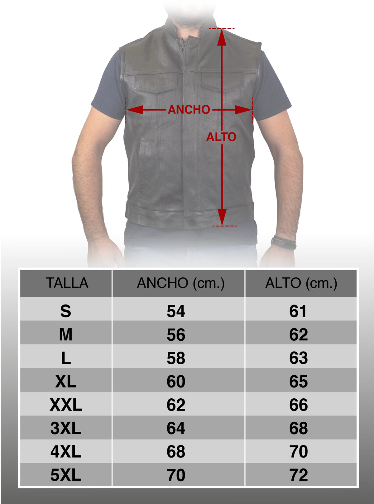 taglie gilet biker SOA in pelle con dimensioni approssimative